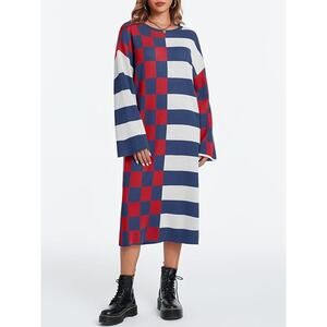 Chic Checkered Midi Dress - Red, Blue, and White